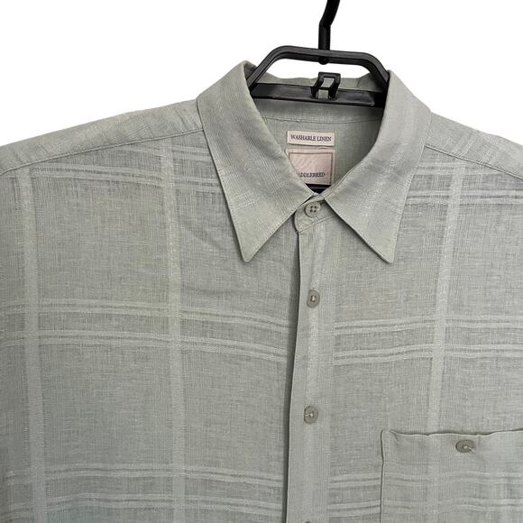 Saddlebred Linen Blend Button Men Shirt XL Sage Preppy Coastal Granpa Windowpane - Picture 1 of 12